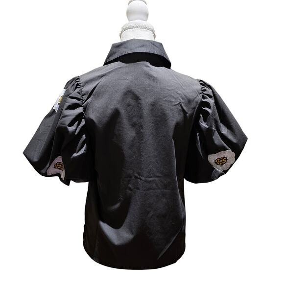 y Design S Black Puff Sleeve Button Up Embroidered Top NWT Poplin Holiday Chic - Picture 4 of 13